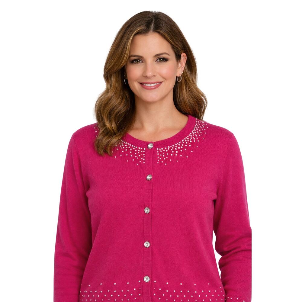 Quacker Factory Pink Rhinestone Cardigan Women’s M Sparkle Button Front Sweater